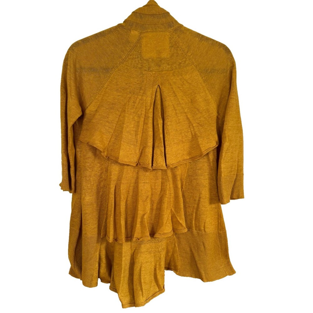 Mustard Yellow Boho Dopamine Ruffle Back Cardigan Sweater, XS, 3/4 Sleeve